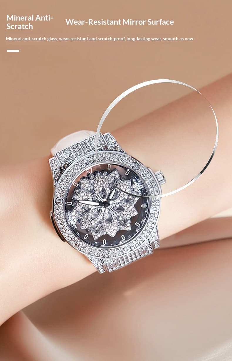 Large-dial Waterproof Hollowed-out Womens Watch With A Snowflake Motif That Rotates — Silver