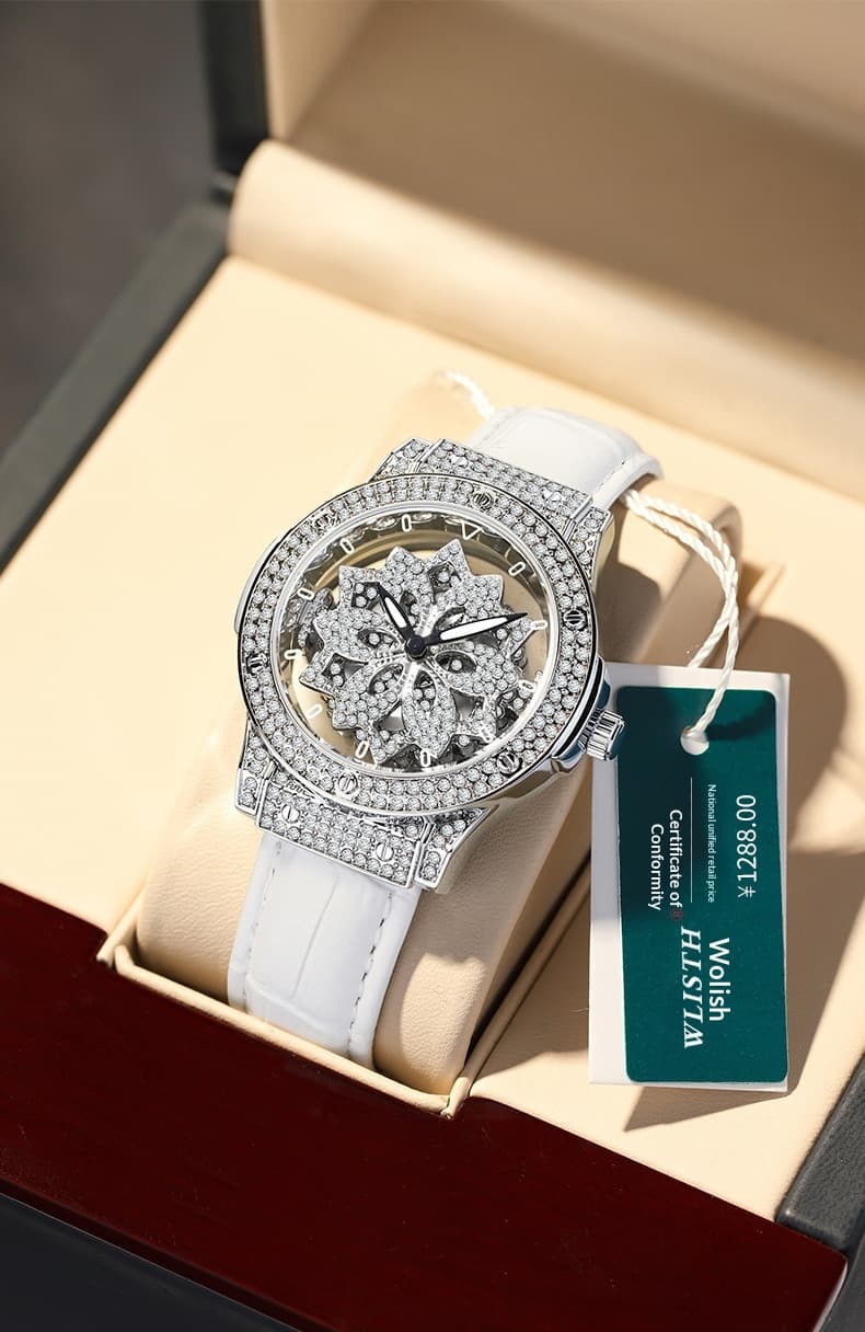 Large-dial Waterproof Hollowed-out Womens Watch With A Snowflake Motif That Rotates — Silver