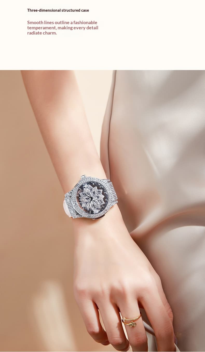 Large-dial Waterproof Hollowed-out Womens Watch With A Snowflake Motif That Rotates — Silver