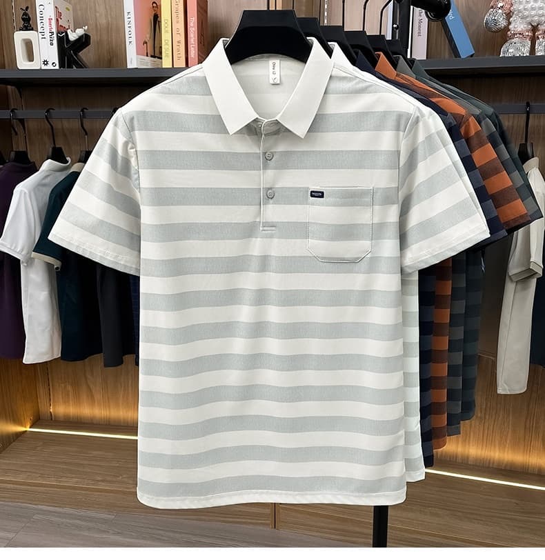 Men's Youth Striped Lapel Pocket Fashion Short Sleeve T-shirt
