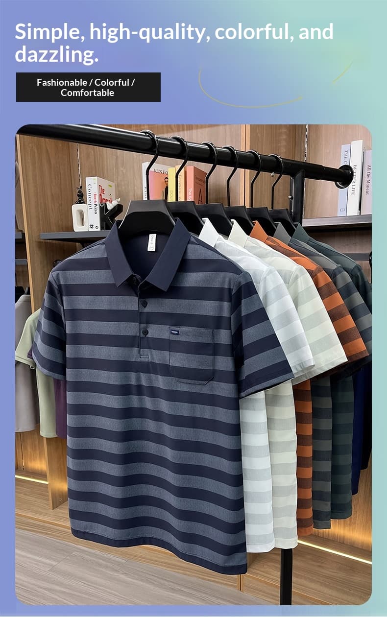 Men's Youth Striped Lapel Pocket Fashion Short Sleeve T-shirt