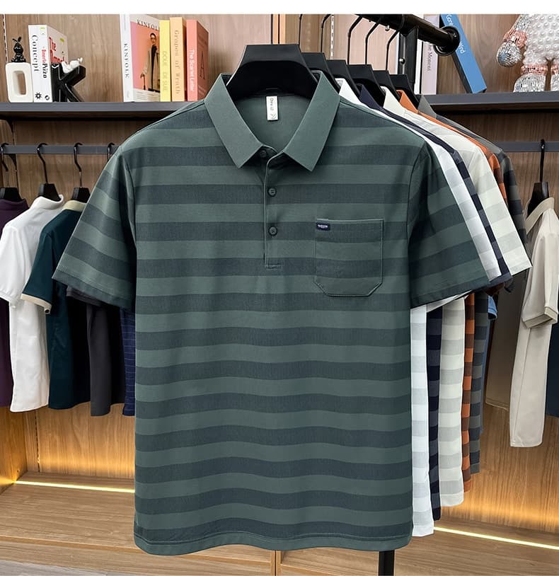 Men's Youth Striped Lapel Pocket Fashion Short Sleeve T-shirt