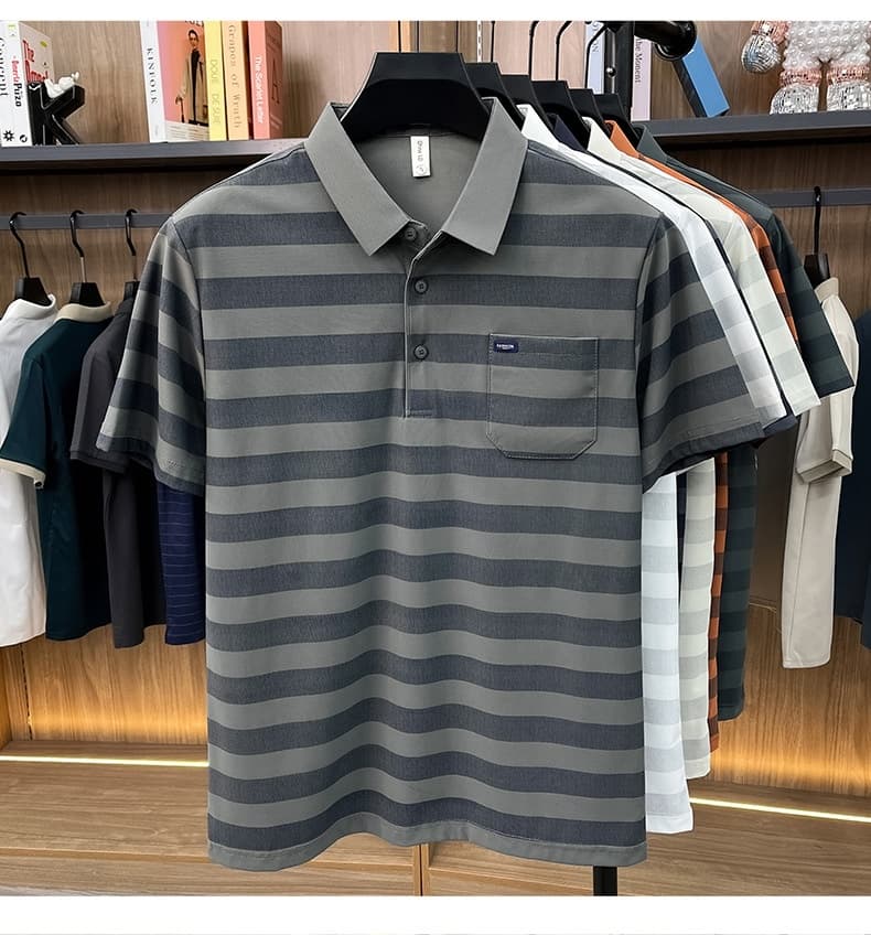 Men's Youth Striped Lapel Pocket Fashion Short Sleeve T-shirt