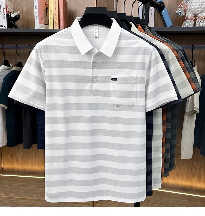Men's Youth Striped Lapel Pocket Fashion Short Sleeve T-shirt