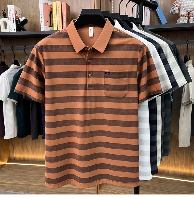 Men's Youth Striped Lapel Pocket Fashion Short Sleeve T-shirt