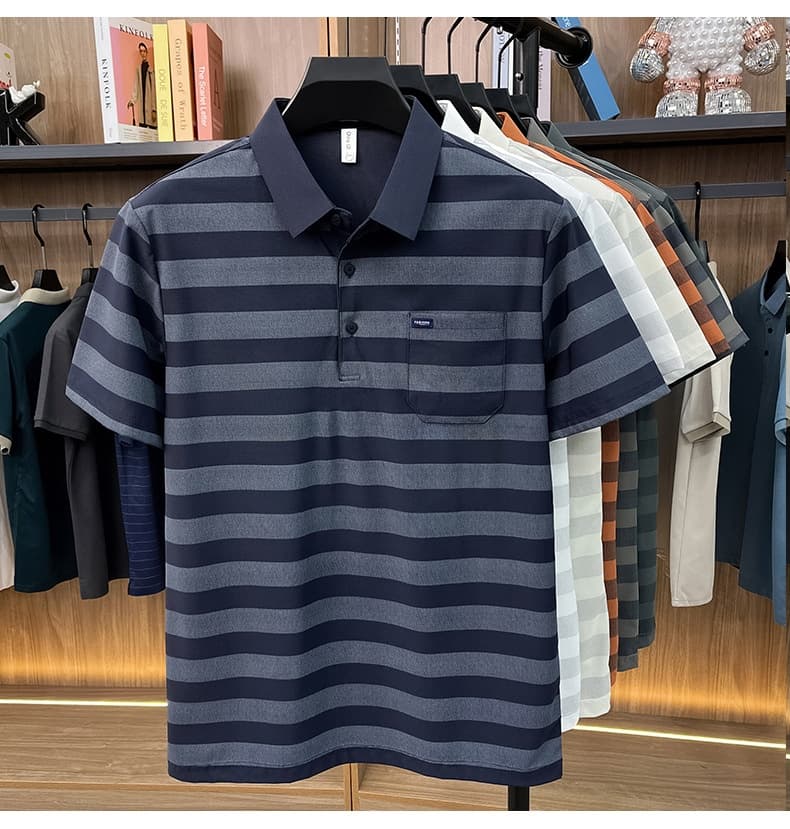 Men's Youth Striped Lapel Pocket Fashion Short Sleeve T-shirt