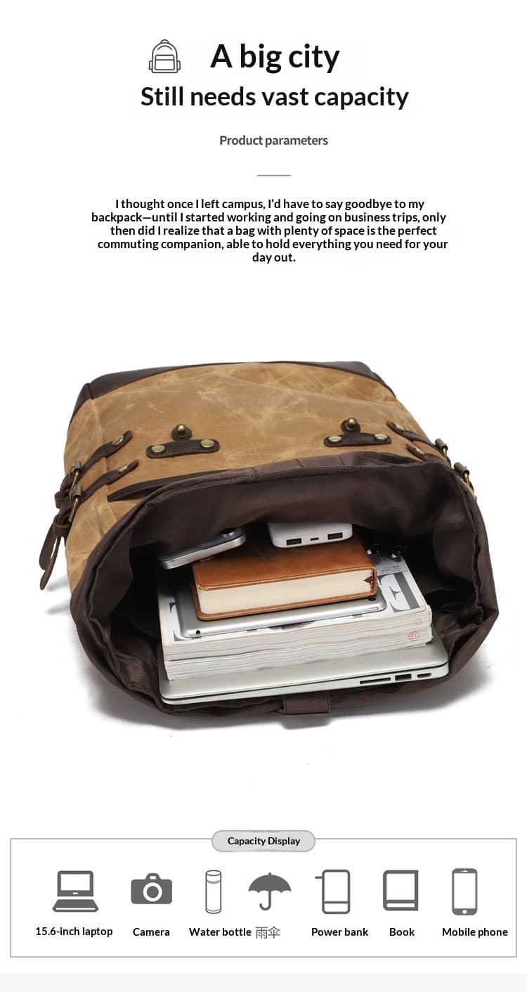 Leisure Travel Bag Water-resistant Canvas Bag With Top-layer Cowhide